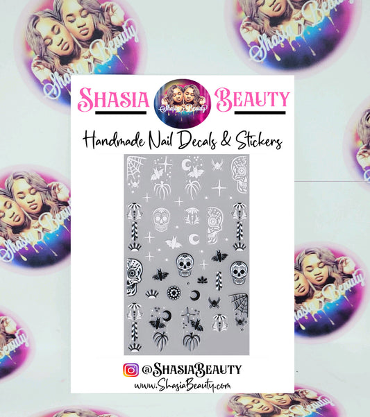 Black and White Sugar Skull Halloween  Nail Stickers