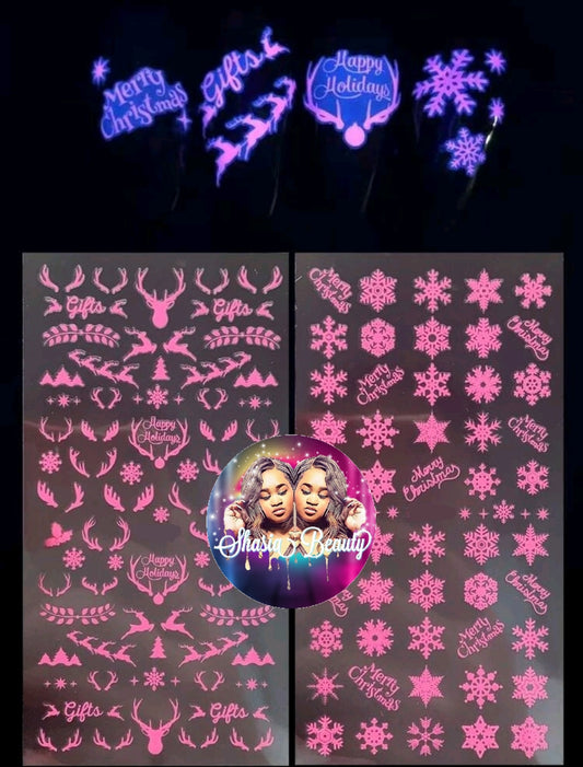 Pink Winter Theme Glow in the Dark Nail Sticlers