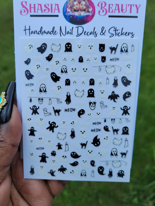 Black & White Ghosts and Cat Nail Stickers